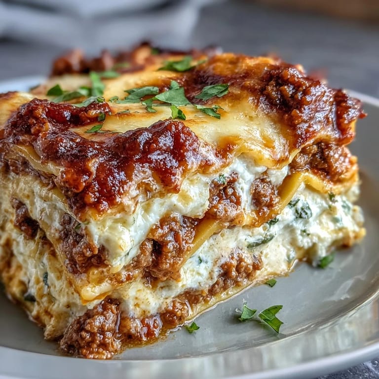 Perfectly sliced square of World's Best Lasagna on a plate, revealing tender noodles and creamy ricotta filling.