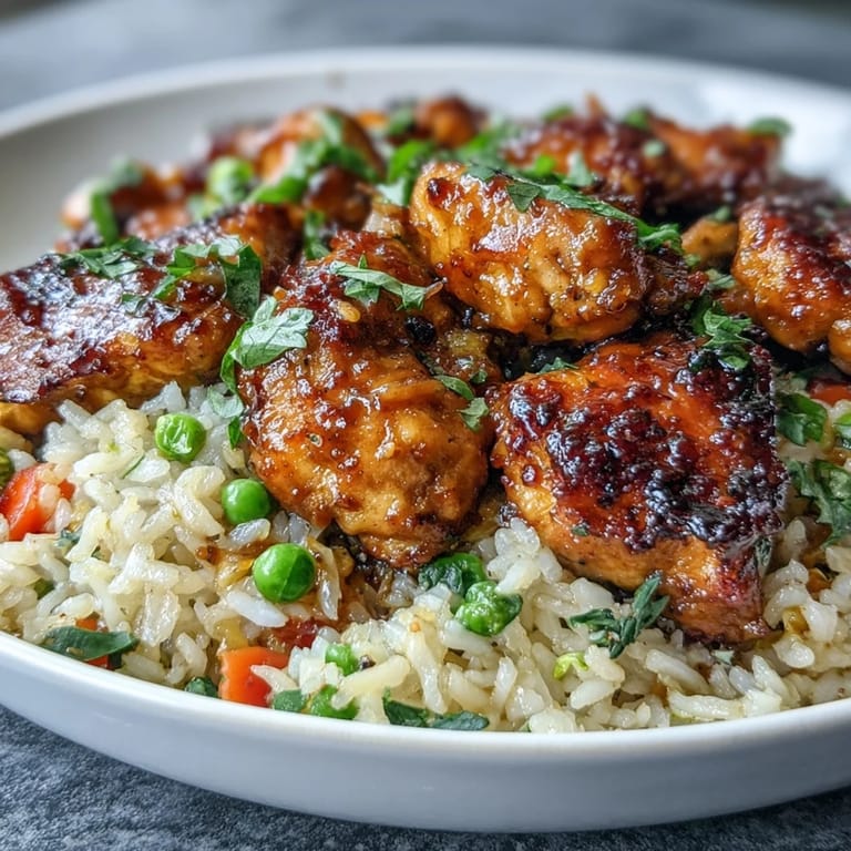 Close-up of One-Pan Bold Honey BBQ Chicken Rice showing saucy chicken, grains, and colorful vegetables.