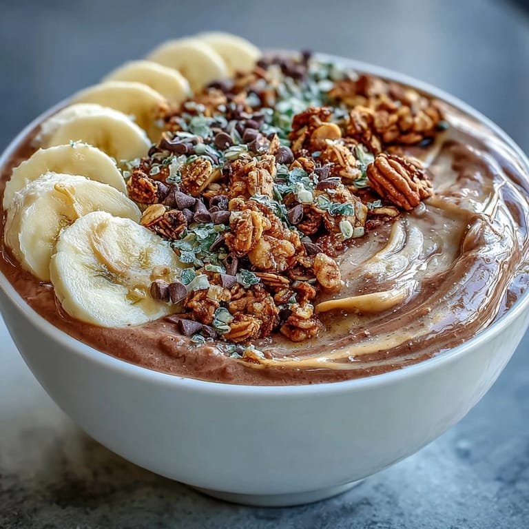 Vibrant Chunky Monkey Smoothie Bowls with hemp seeds, mini chocolate chips, and rich peanut butter, served fresh.