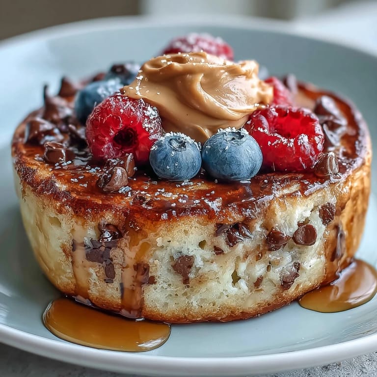 A spoon digs into the warm, soft center of a single-serve Baked Protein Pancake Bowl, revealing a moist, high-protein texture.