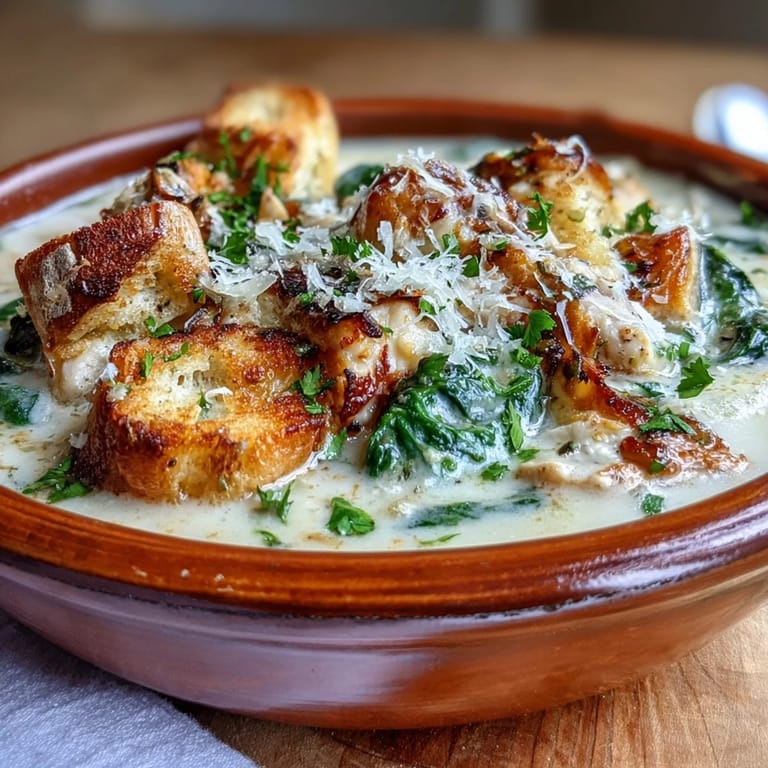 Garlic Parmesan Chicken Soup is served steaming hot in a rustic bowl, topped with extra cheese and a drizzle of olive oil.