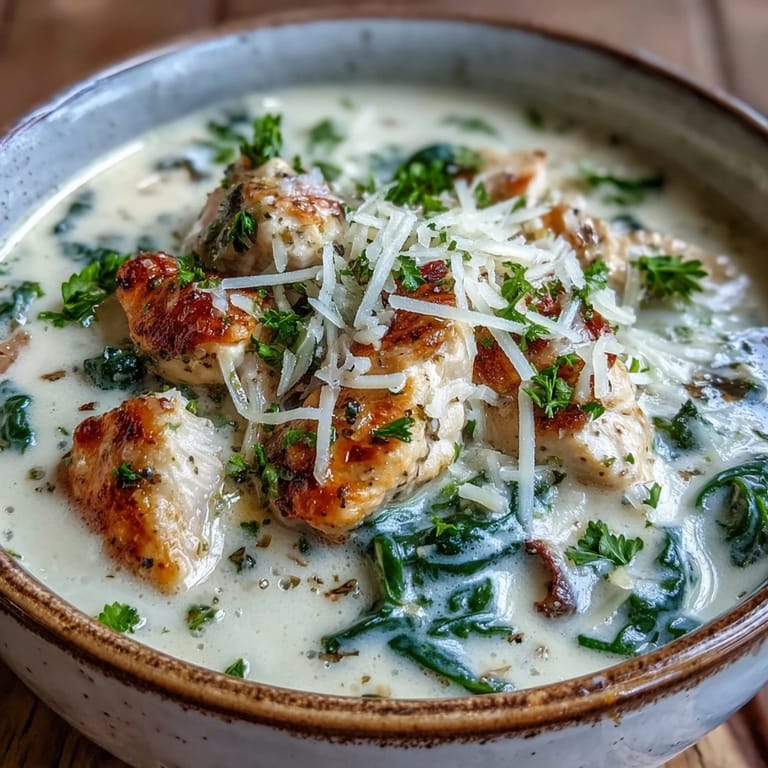 Close-up on Garlic Parmesan Chicken Soup showing rich texture and shredded chicken, ideal for a cozy weeknight dinner served with crusty bread.