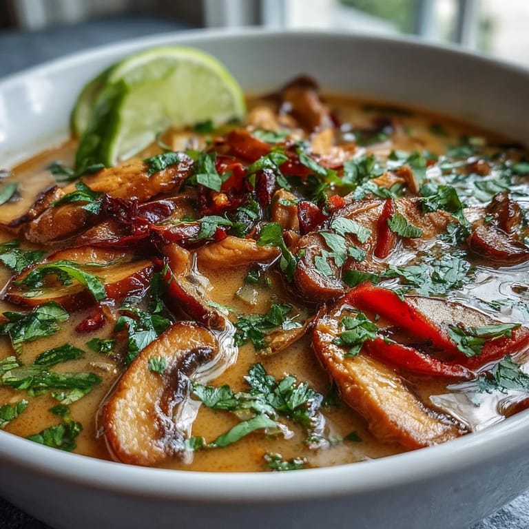 A steaming Thai Coconut Curry Soup Bowl with tender chicken, mushrooms, carrots, and creamy coconut broth.  