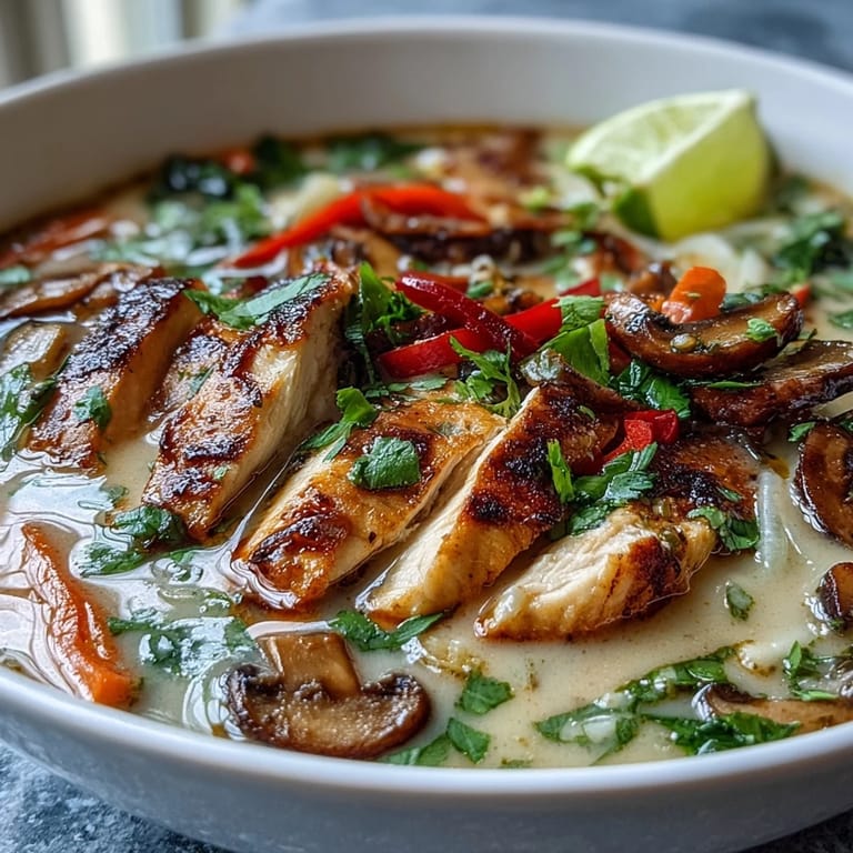 Overhead view of Thai Coconut Curry Soup Bowl with lime wedges, cilantro, and chopped spring onions.