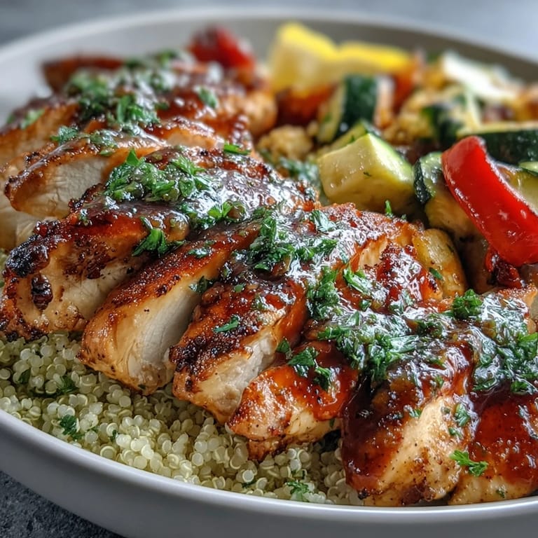A wholesome, gluten-free paprika herb chicken roasted vegetable quinoa bowl garnished with Greek yogurt and lemon wedges, ready for a healthy weeknight dinner.