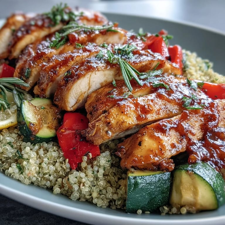 Close-up of vibrant roasted bell peppers and zucchini alongside seared paprika herb chicken, served in a nourishing quinoa bowl with a hint of spice.