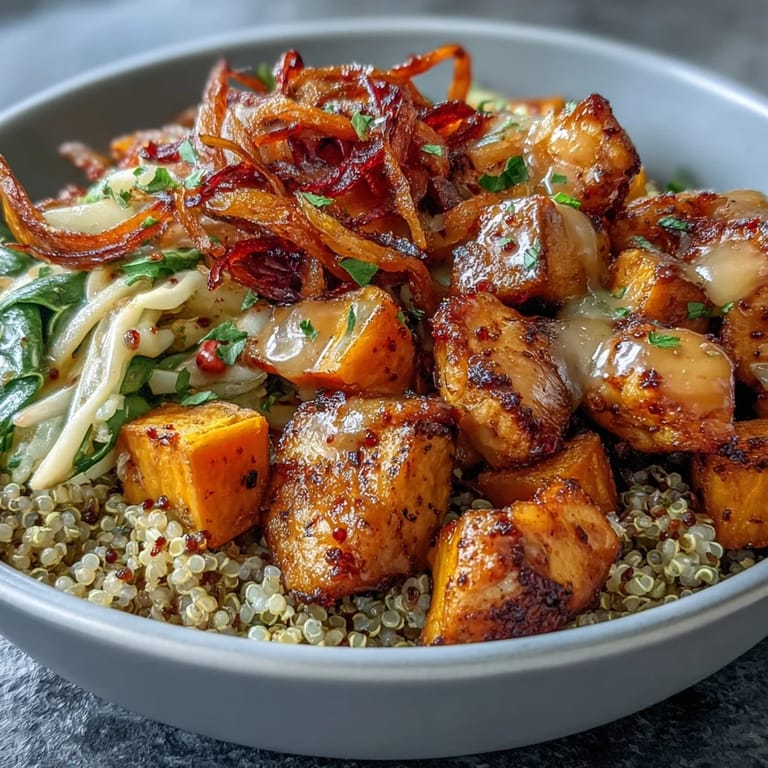 Serving suggestion for Hot Honey Chicken Bowl, featuring juicy chicken, caramelized sweet potatoes, and spicy mustard drizzle.