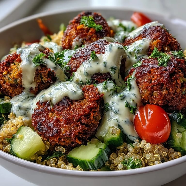 A close-up of a Falafel Quinoa Salad Bowl shows creamy garlic tahini sauce drizzled over vibrant greens and quinoa.
