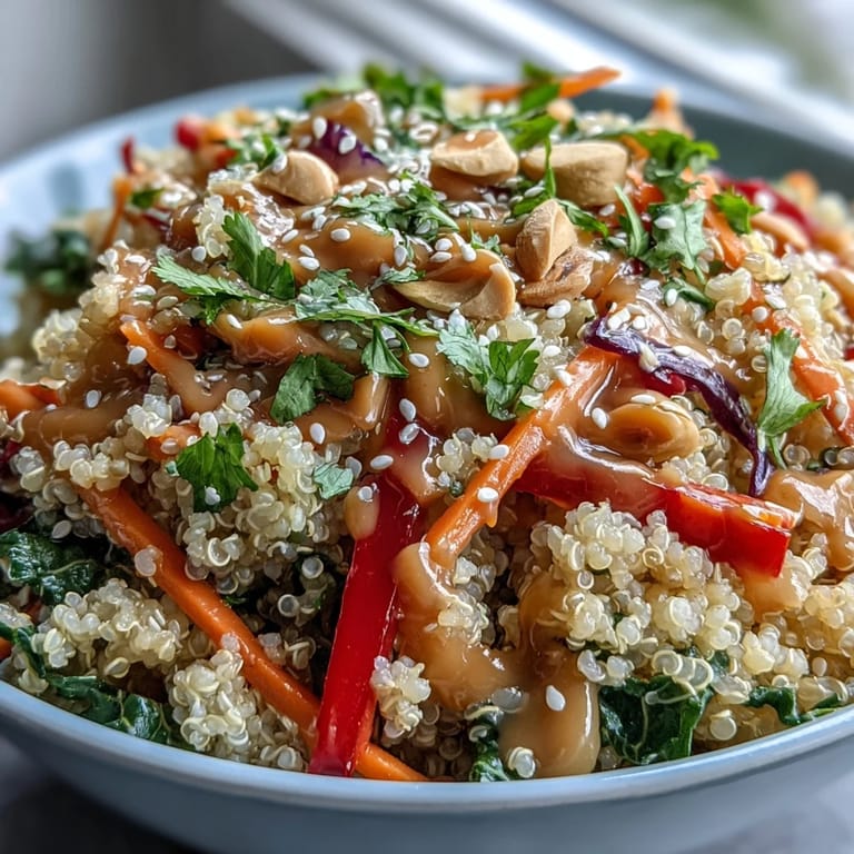 Vibrant bowl of coconut quinoa with crisp vegetables, edamame, and a zesty homemade peanut sauce.  