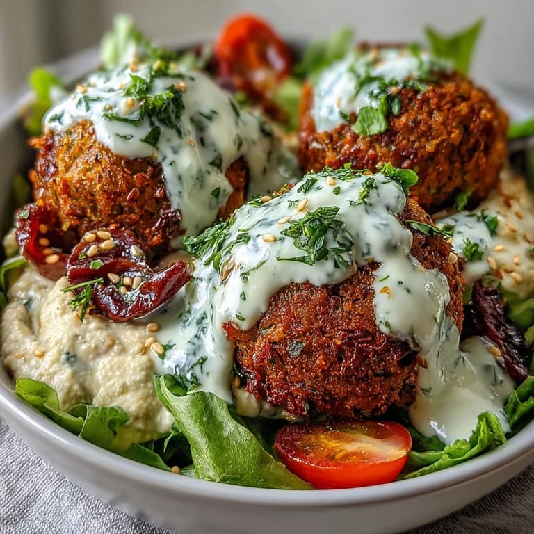A close-up of a Falafel Bowl showcases tangy tzatziki, chopped parsley, and toasted sesame seeds adding texture to the salad. 
