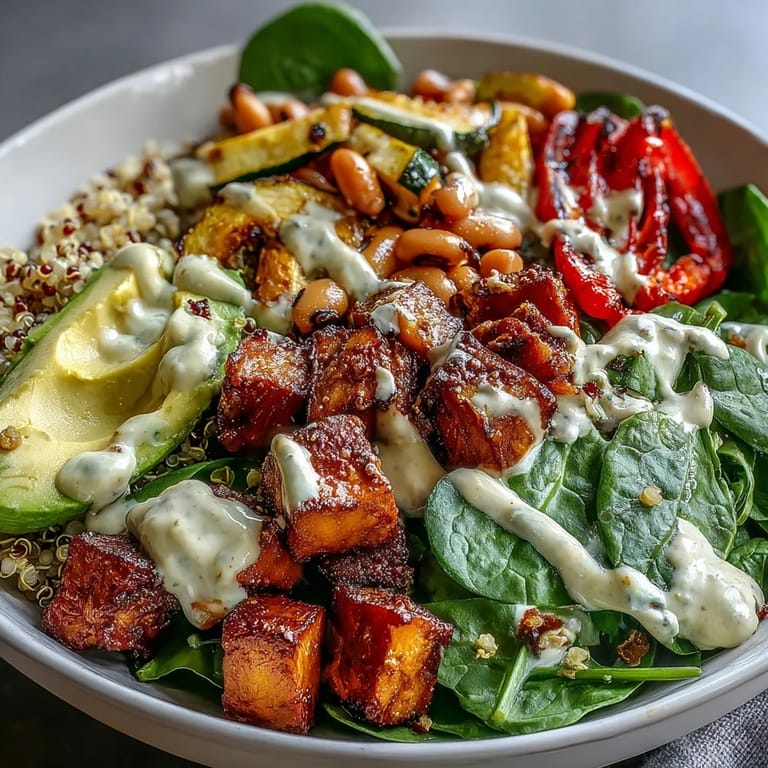 Colorful roasted red bell pepper and zucchini mingle with seasoned black-eyed peas and kale in this nourishing Black-Eyed Pea Buddha Bowl, ready to be drenched in sauce.