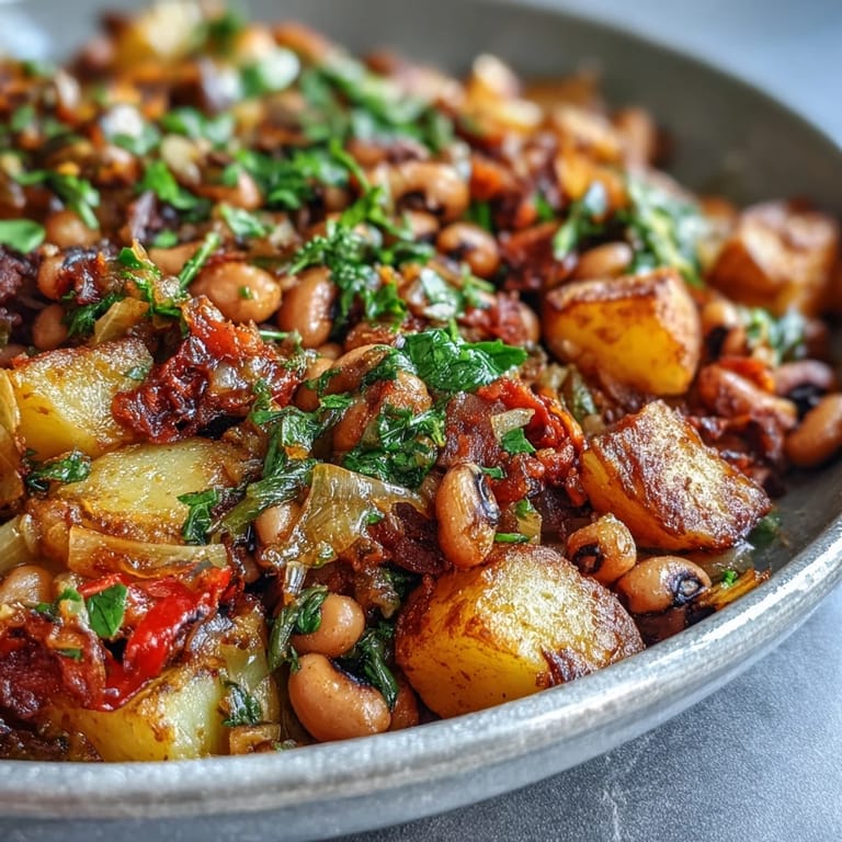 Close-up of vibrant Black-Eyed Pea Hash, finished with fresh parsley, served hot from the oven.