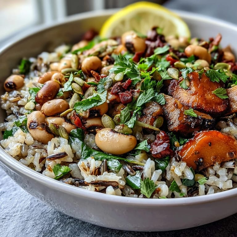 Vibrant Black-Eyed Pea Grain Bowl featuring zucchini and bell peppers, finished with fresh parsley.