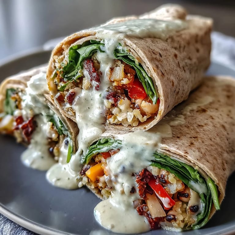 Creamy tahini sauce dripping from these easy Black-Eyed Pea Wraps packed with brown rice and fresh veggies.