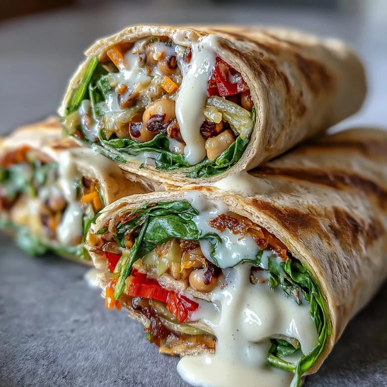 Close-up of sliced Black-Eyed Pea Wraps revealing a hearty filling of legumes, grains, and crunchy vegetables.