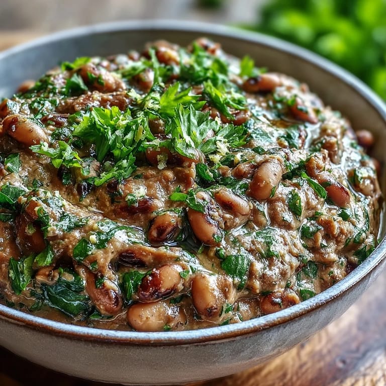 A vibrant bowl of Smashed Black-Eyed Peas with minced garlic and lemon, perfect for a healthy vegan appetizer or snack.