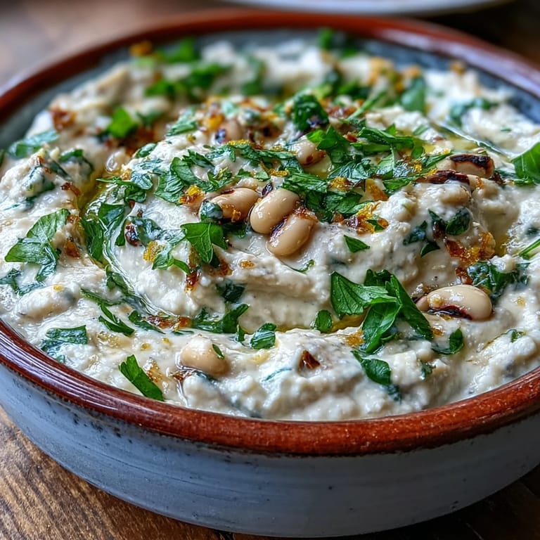 Creamy Smashed Black-Eyed Peas side dish topped with olive oil, served alongside grilled chicken and roasted vegetables on a platter.
