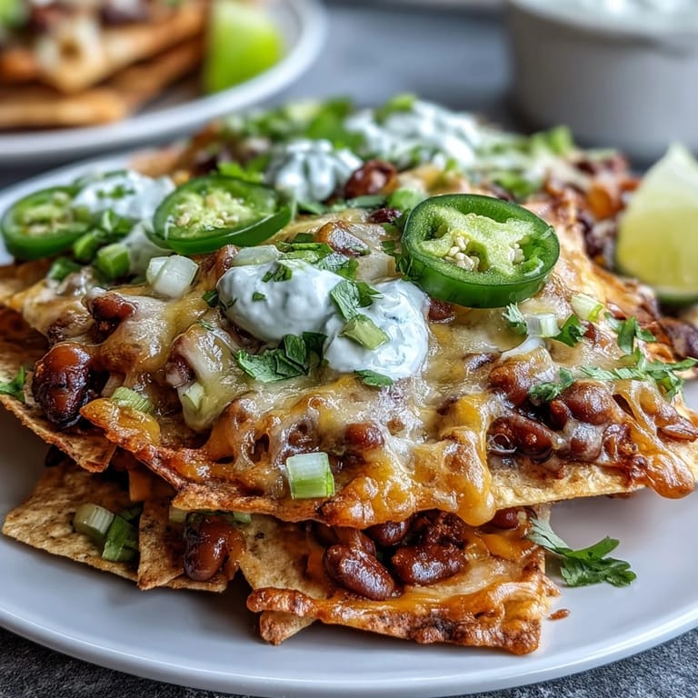 Tex-Mex Black-Eyed Pea Nachos topped with melty cheese, spicy jalapeños, diced tomatoes, and green onions for game day snacking.
