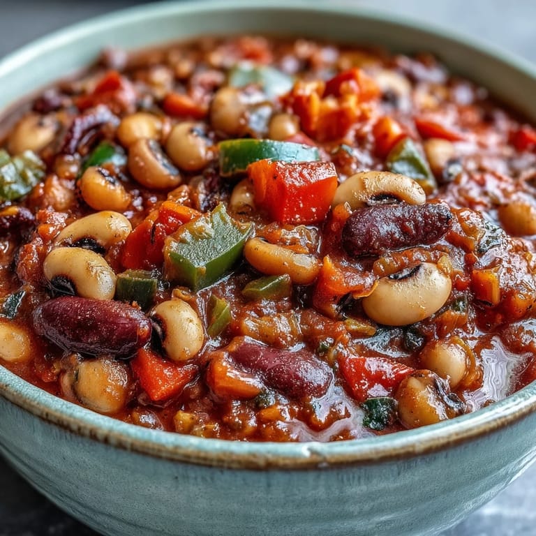 This hearty Black-Eyed Pea Chili is served in a rustic bowl with melted cheese and fresh jalapeños on the side.