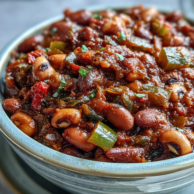Spoon dipping into a pot of vibrant, vegetarian Black-Eyed Pea Chili filled with corn, peppers, and kidney beans.
