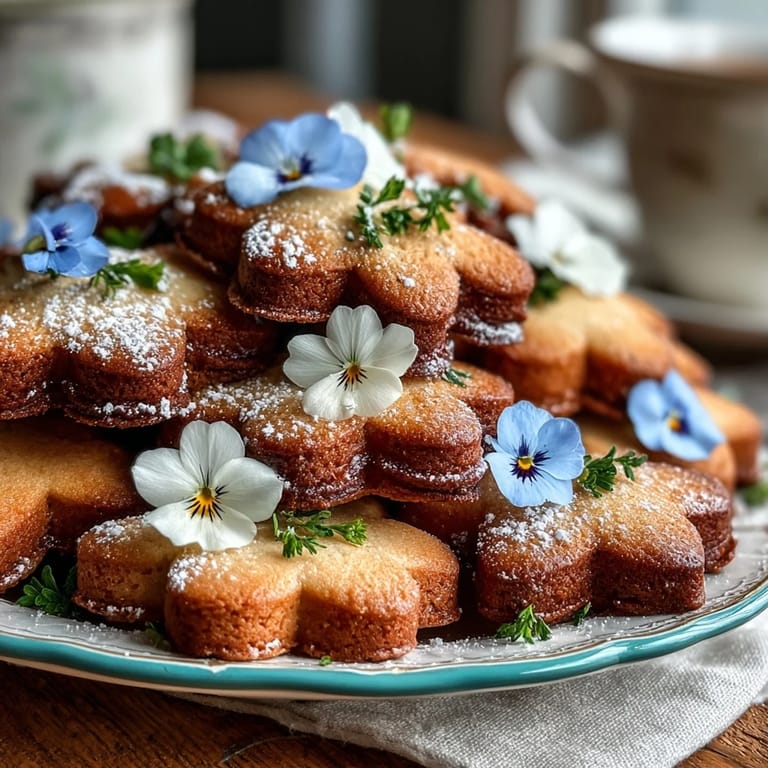 Golden shortbread cookies in floral shapes, their crisp edges and tender centers perfect for spring celebrations or gifting.