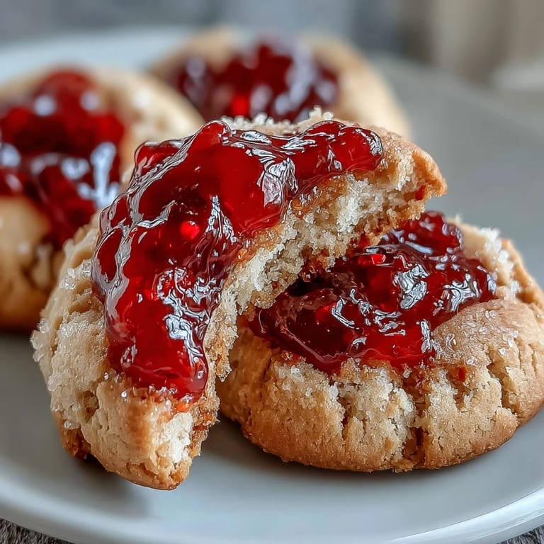 Buttery thumbprint cookies filled with vibrant homemade strawberry jam, offering a sweet-tart contrast in every bite.