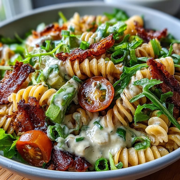 A hearty bowl of BLT pasta salad featuring bacon, avocado, romaine lettuce, and pasta tossed in a zesty lemon-mayo dressing.