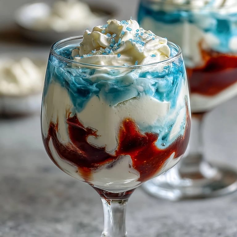 Patriotic layered Jello cups featuring strawberry, white gelatin, and blue raspberry layers, chilled and ready for festive gatherings.