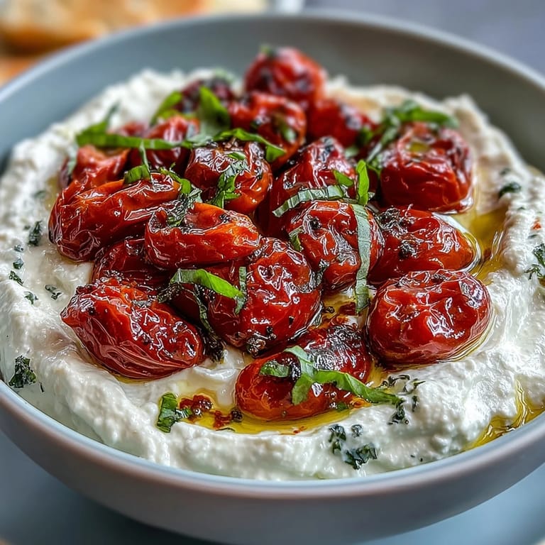 Tangy whipped feta dip with oven-roasted cherry tomatoes, drizzled with olive oil and sprinkled with fresh basil leaves.