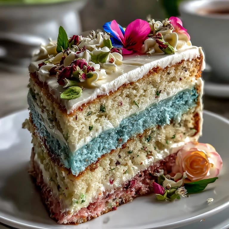 Elegant spring cake with delicate ombre frosting and a crown of fresh edible flowers, ideal for festive gatherings.