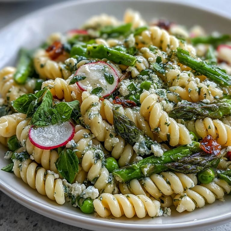 Vibrant spring pasta salad featuring crisp radishes, tender asparagus, and sugar snap peas, tossed in a zesty lemon vinaigrette for a refreshing vegetarian meal.