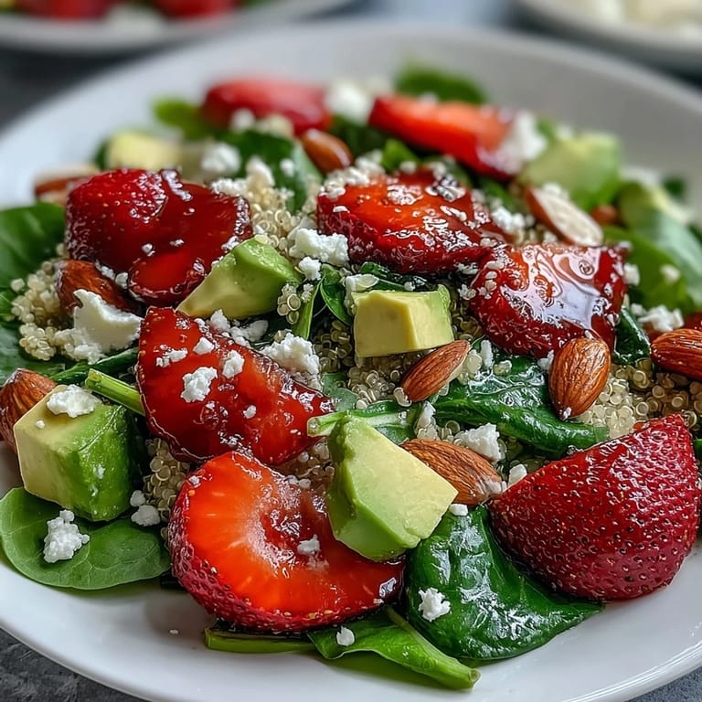 Colorful strawberry avocado quinoa salad with toasted almonds and feta, a refreshing vegetarian dish for spring and summer.