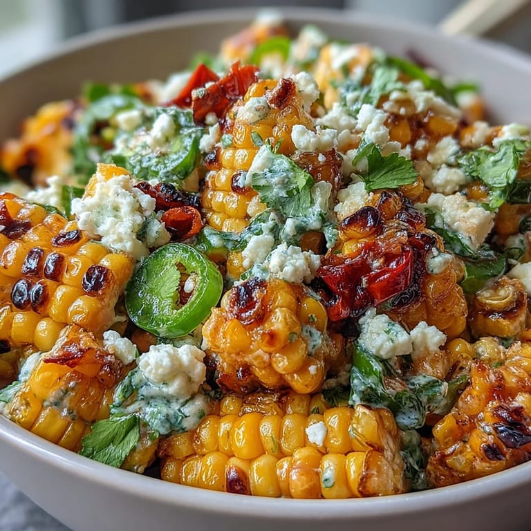 Vibrant Mexican Street Corn Salad bowl with sweet charred corn, spicy jalapeño, and crumbled Cotija cheese for authentic flavor.