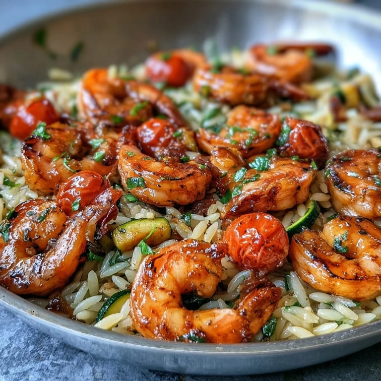 Zesty lemon butter shrimp and orzo dinner with fresh parsley and red pepper flakes for a Mediterranean-inspired flavor.