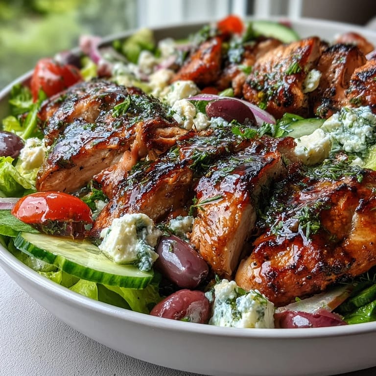 Vibrant Greek Salad Bowl with Grilled Chicken featuring colorful tomatoes, cucumbers, olives, and a zesty lemon-oregano dressing.  