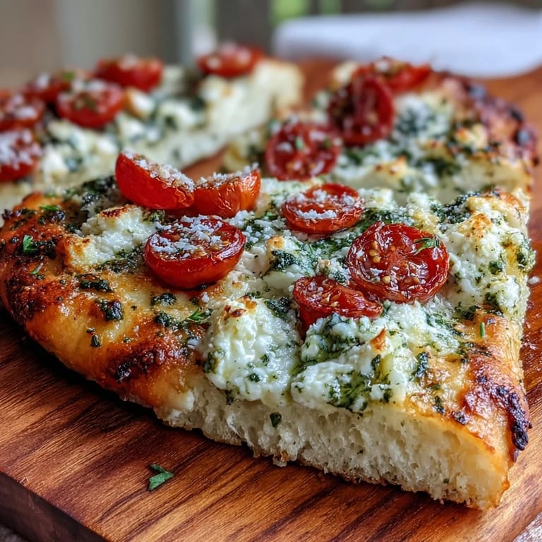 Enjoy this baked viral cottage cheese flatbread, vibrant with pesto and tomato toppings.