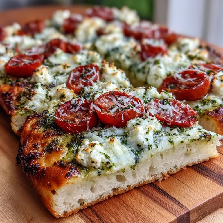 Freshly baked viral cottage cheese flatbread, generously topped with pesto, tomatoes, and basil.