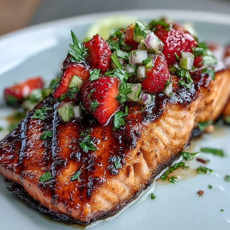 Juicy grilled salmon with a colorful, fresh strawberry avocado salsa, ready to serve.