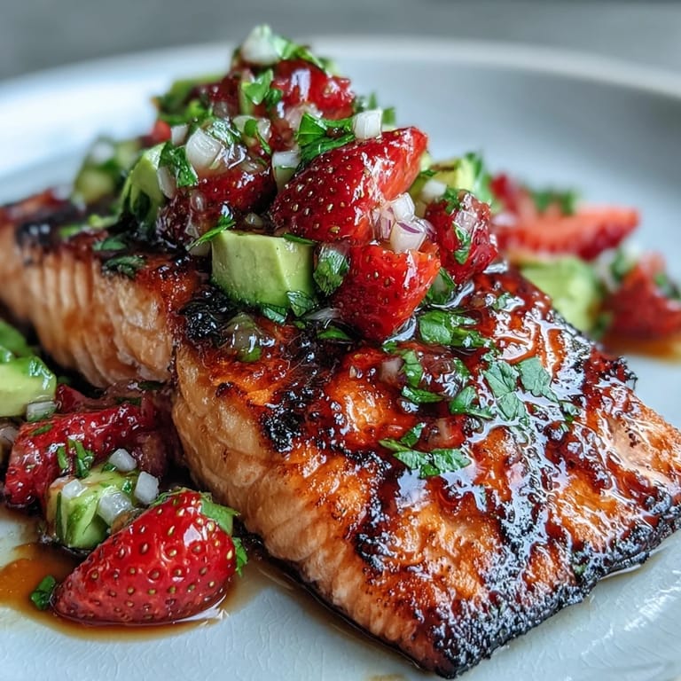 Bright strawberry avocado salsa crowning flaky grilled salmon, an easy, elegant seafood dish.