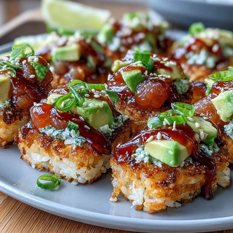 Vibrant U.S. foodie-favorite crispy rice salad featuring creamy avocado and zesty tuna.