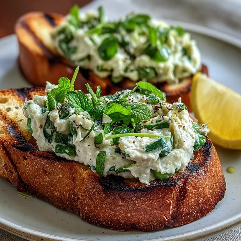 Delicious Fava Bean and Mint Bruschetta, a fresh appetiser ready to serve.