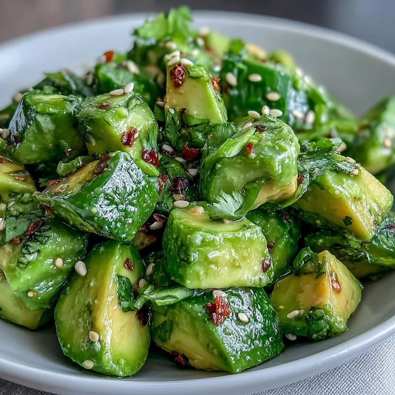 A refreshing Smashed Cucumber and Avocado Salad, perfect lightly dressed and garnished.