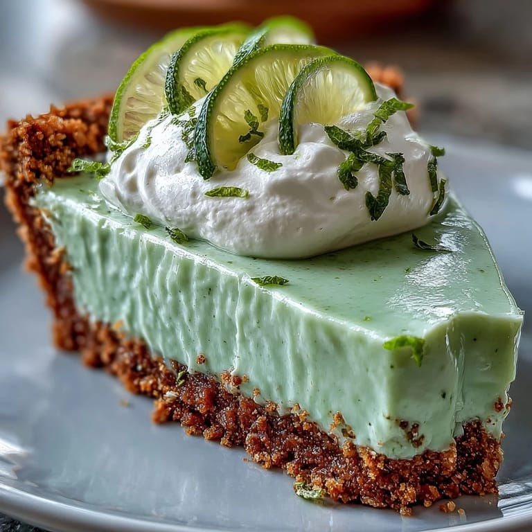 Tangy no-bake key lime pie chilled with fluffy whipped cream topping.