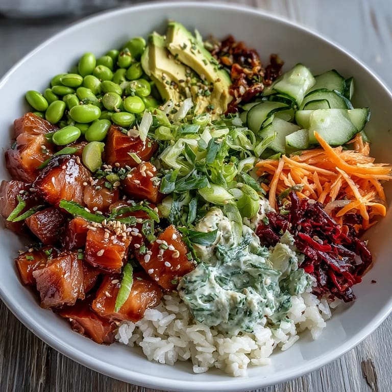 Fresh Hawaiian salmon poke bowl, piled high with colorful vegetables for lunch.