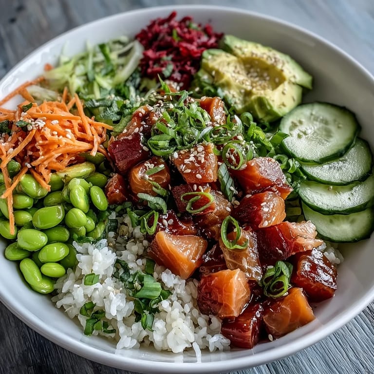 Healthy salmon poke bowl, featuring marinated fish and crisp edamame, artfully arranged.