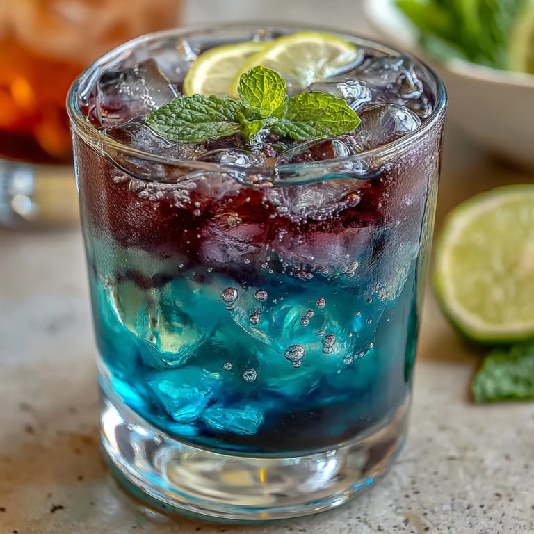 Refreshing, color-changing Butterfly Pea Flower Lemonade ready to be garnished with citrus.