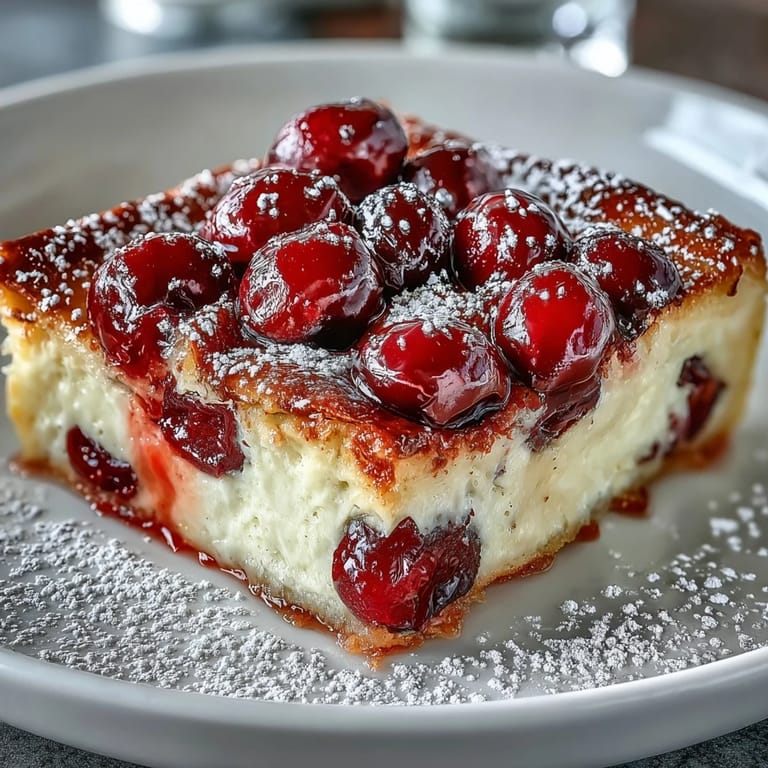 Warm French Fresh Cherry Clafoutis adorned with a light dusting of sugar.