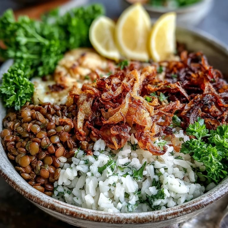 Vegetarian Mujadara, a comforting lentil and rice dish topped with crunchy onions.