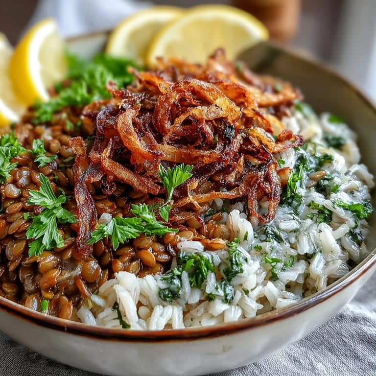 Aromatic Levantine Mujadara, showcasing tender lentils, rice, and savory fried onions.