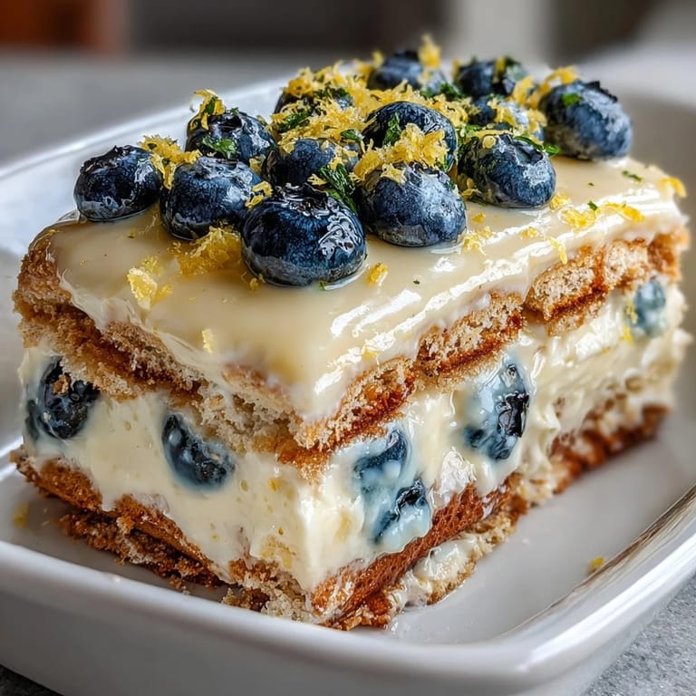 Enjoy a refreshing view of the Lemon Blueberry Icebox Cake, ready for chilling.